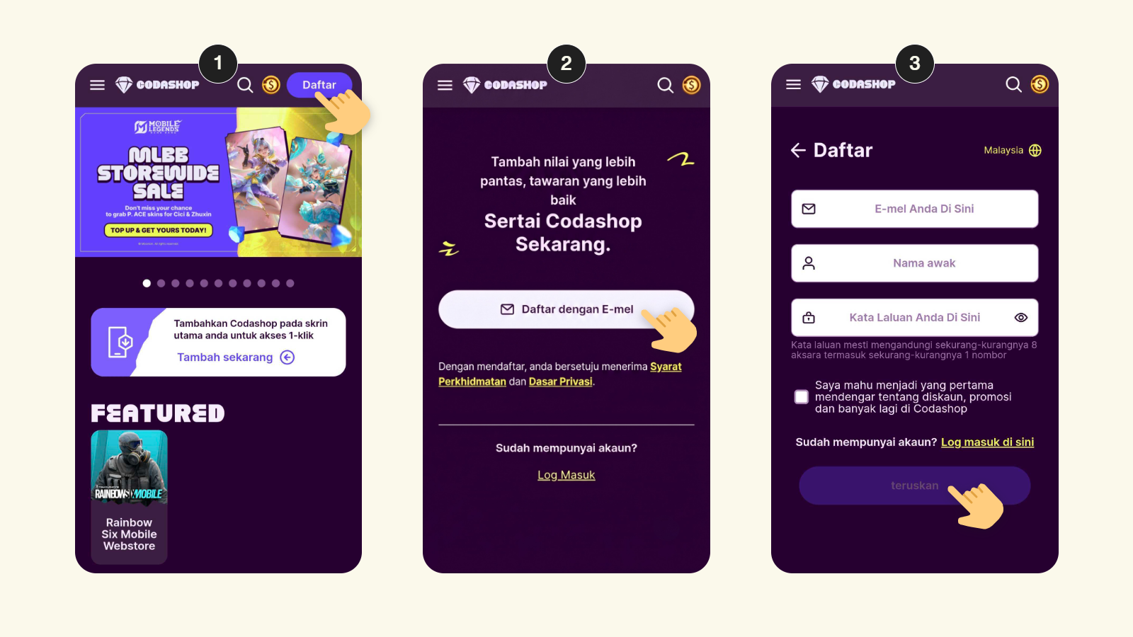 Panduan langkah pendaftaran akaun Codashop