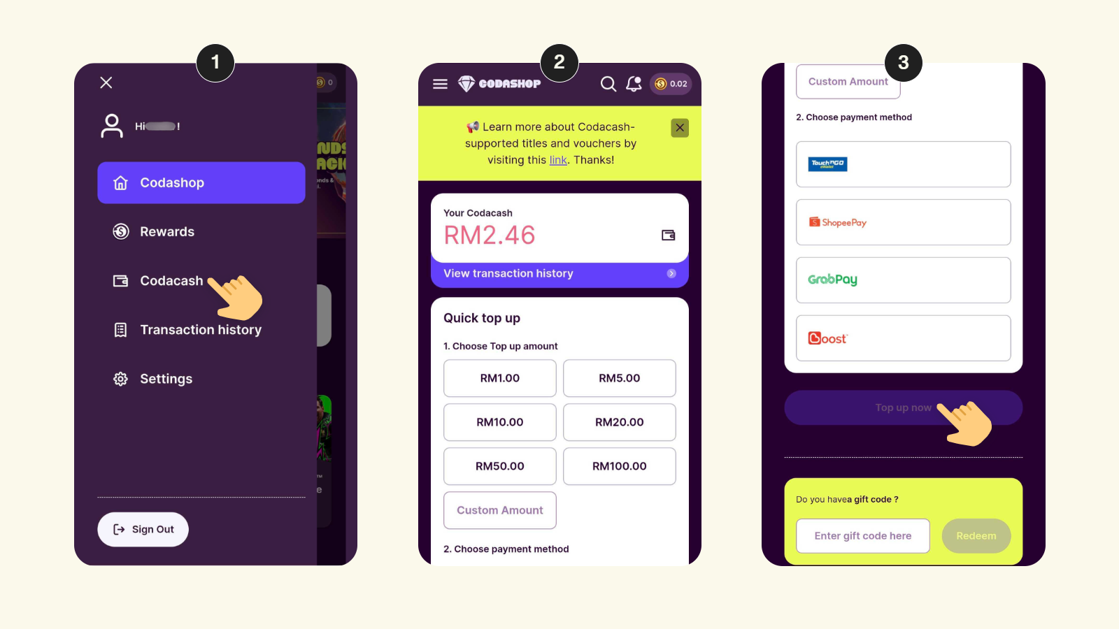 Step-by-step screens showing how to top up a Codacash balance