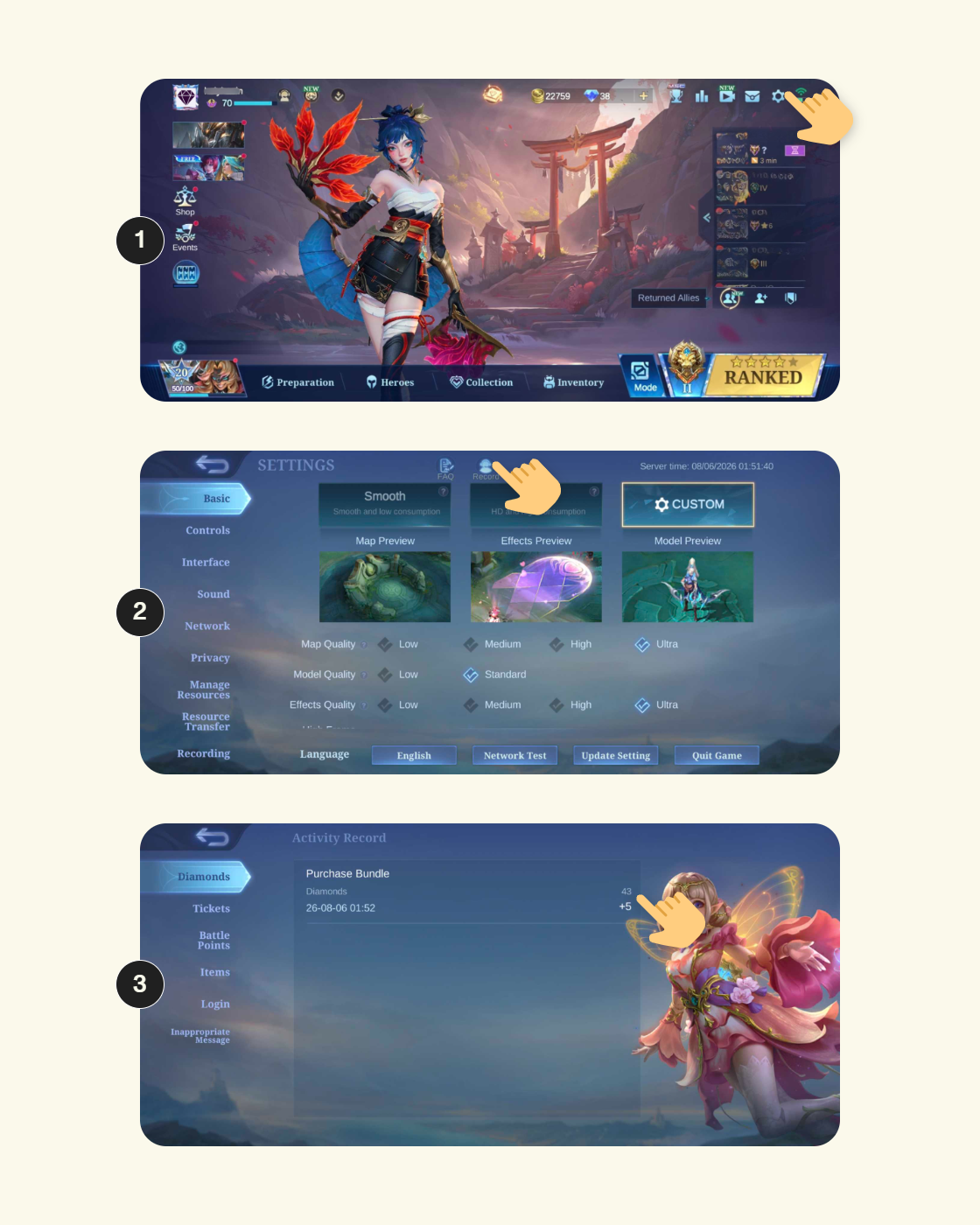 Skrin langkah demi langkah menunjukkan cara menyemak sejarah diamond dalam Mobile Legends.