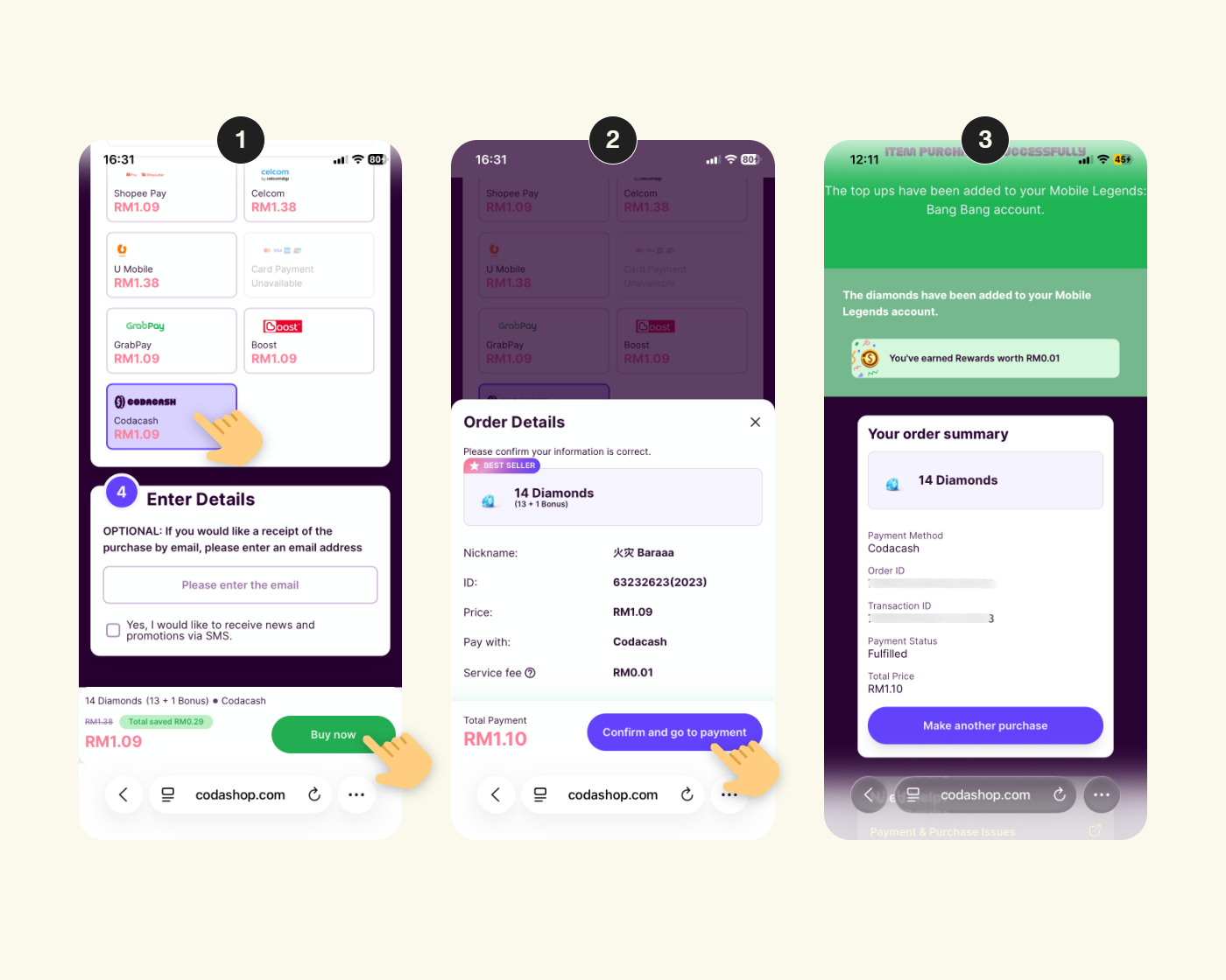 Step-by-step screens showing how to pay with Codacash on Codashop
