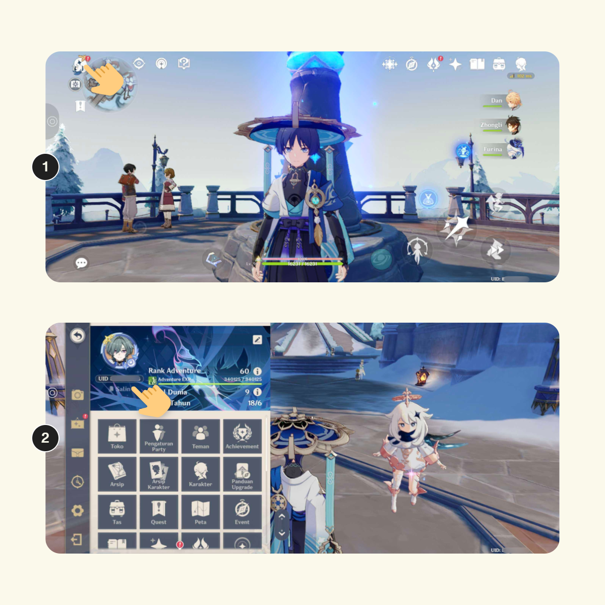 Step-by-step screens showing how to find Genshin Impact UID.