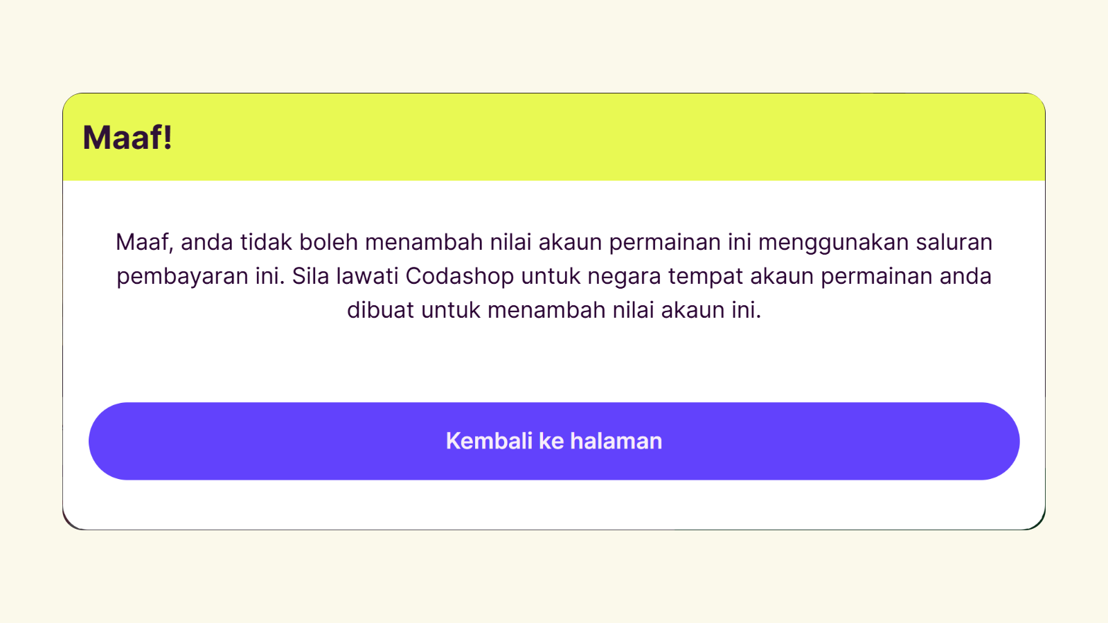 Mesej ralat yang dipaparkan apabila pengisian semula Mobile Legends gagal disebabkan rantau pelayan tidak sepadan