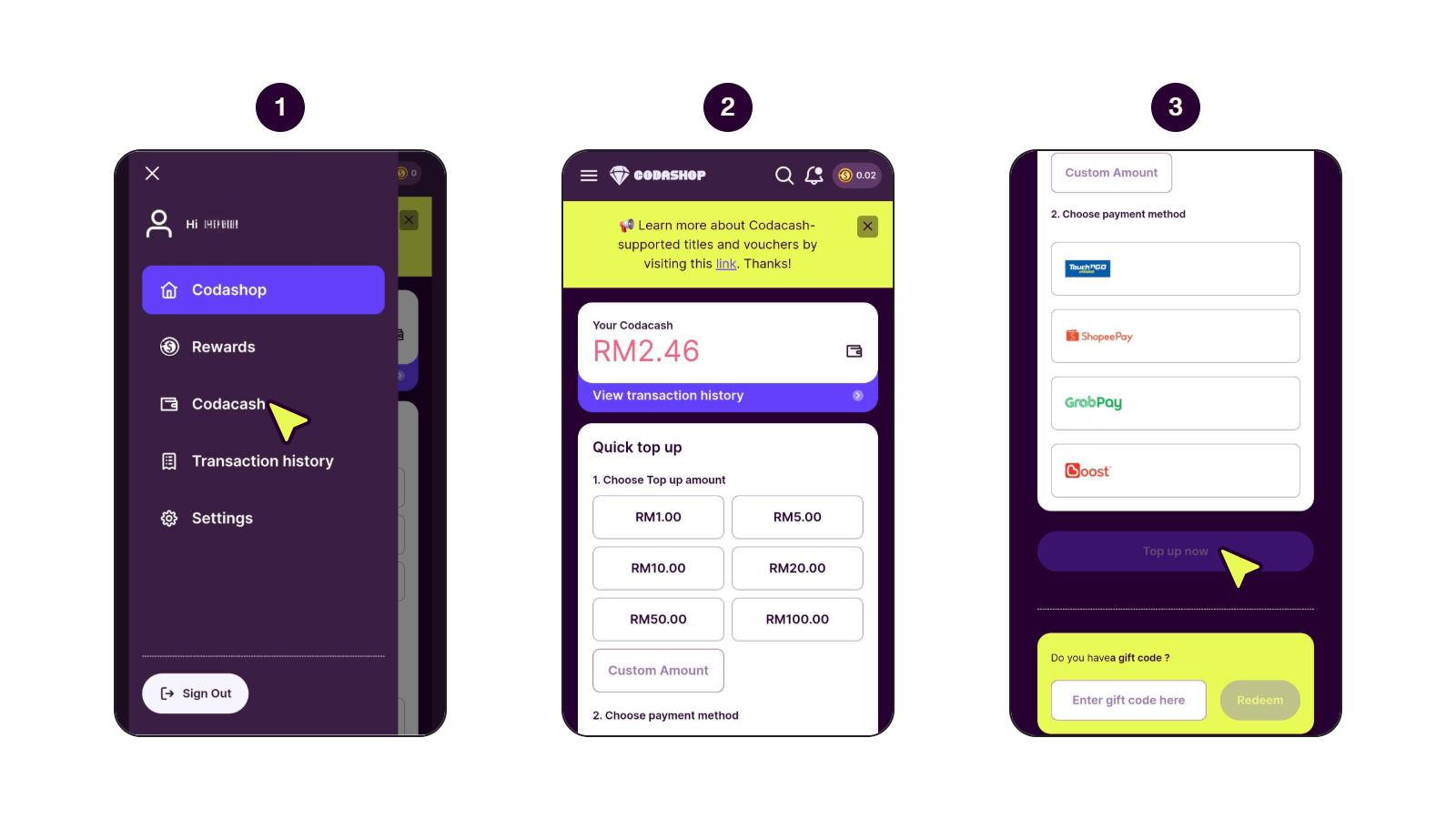 Step-by-step screens showing how to top up a Codacash balance