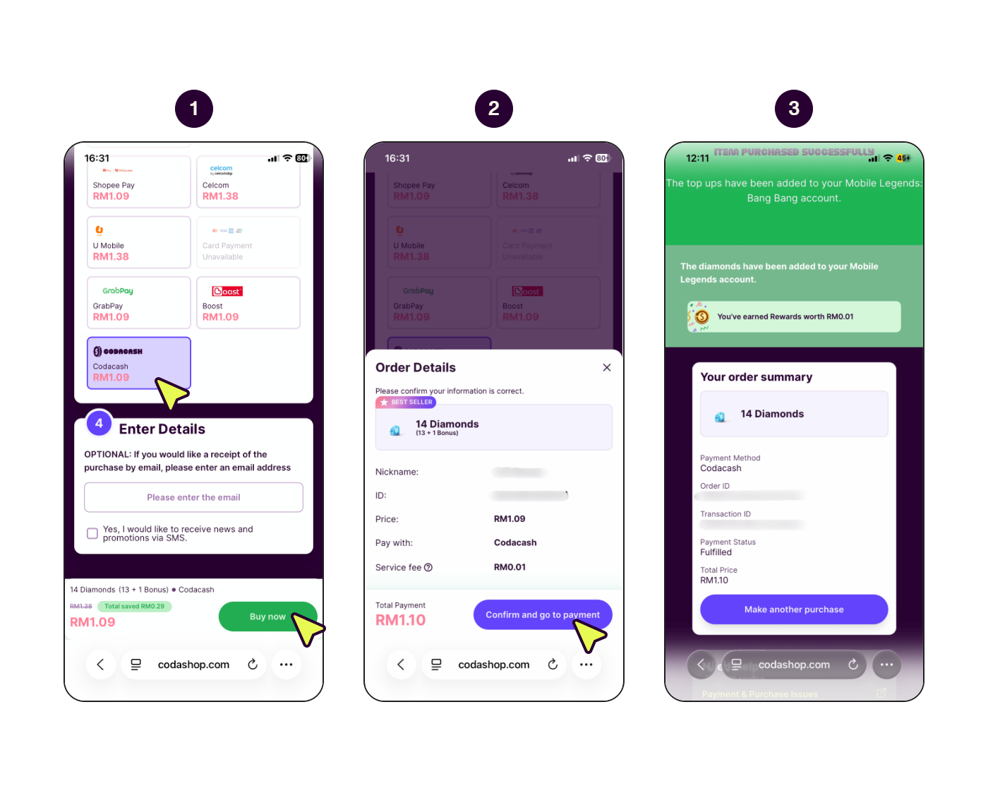 Step-by-step screens showing how to pay with Codacash on Codashop