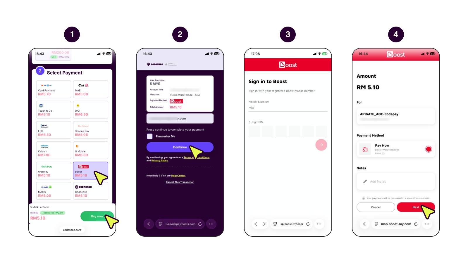 Step-by-step screens showing how to pay with Boost