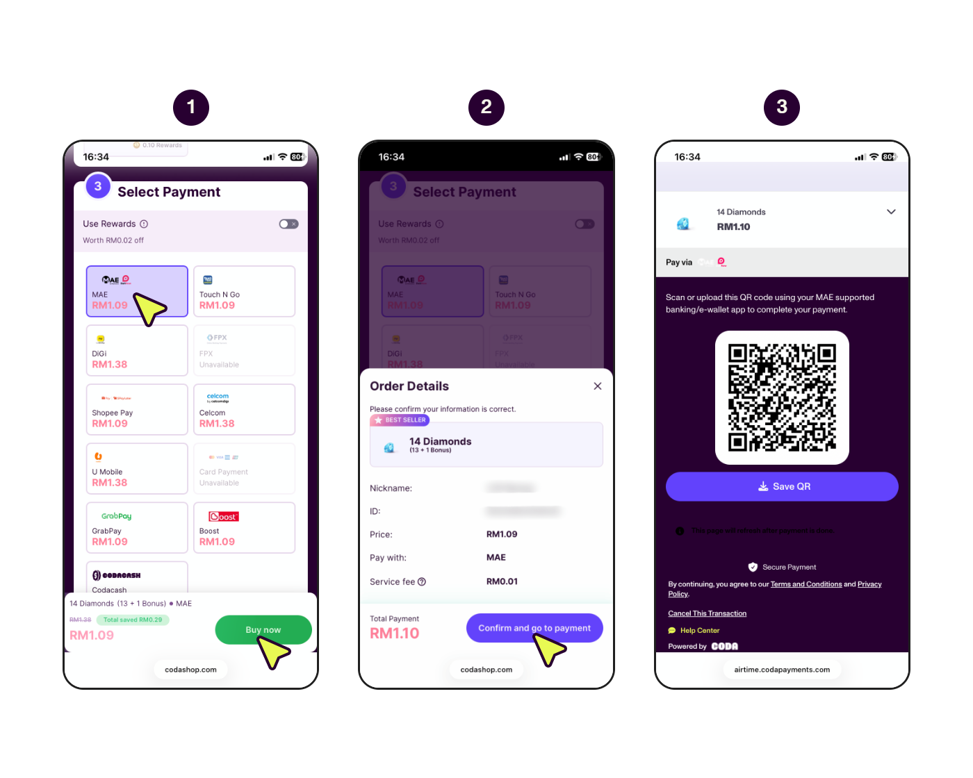 Step-by-step screens showing how to pay with MAE or DuitNow.