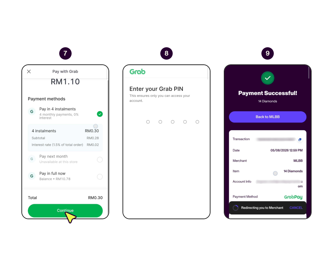 Step-by-step screens showing how to pay with GrabPay (3/3)