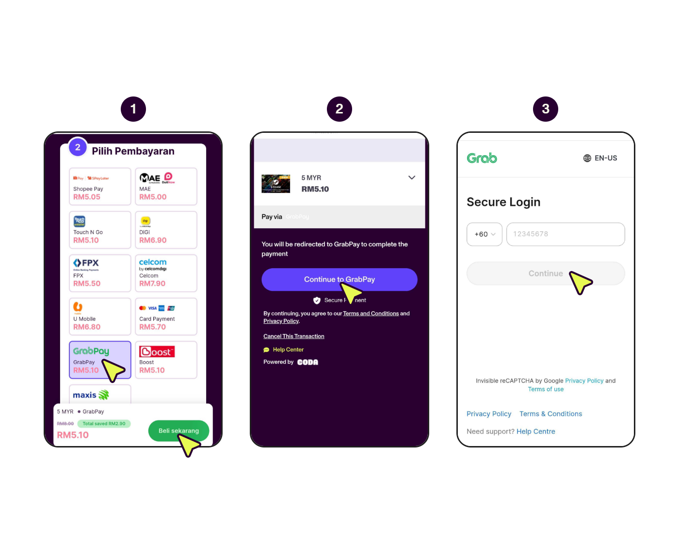 Skrin langkah demi langkah menunjukkan cara membayar dengan GrabPay (1/3)