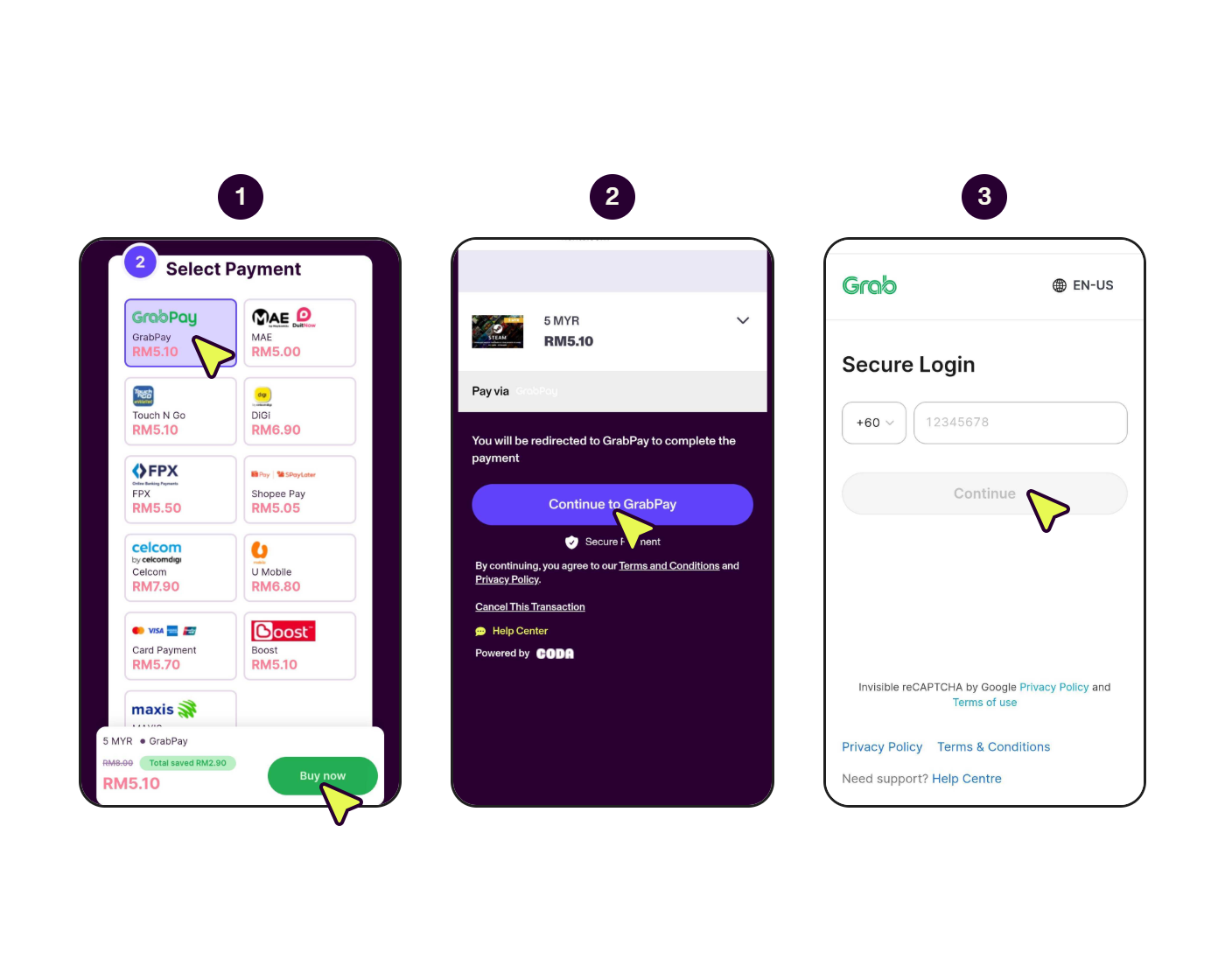 Step-by-step screens showing how to pay with GrabPay (1/3)