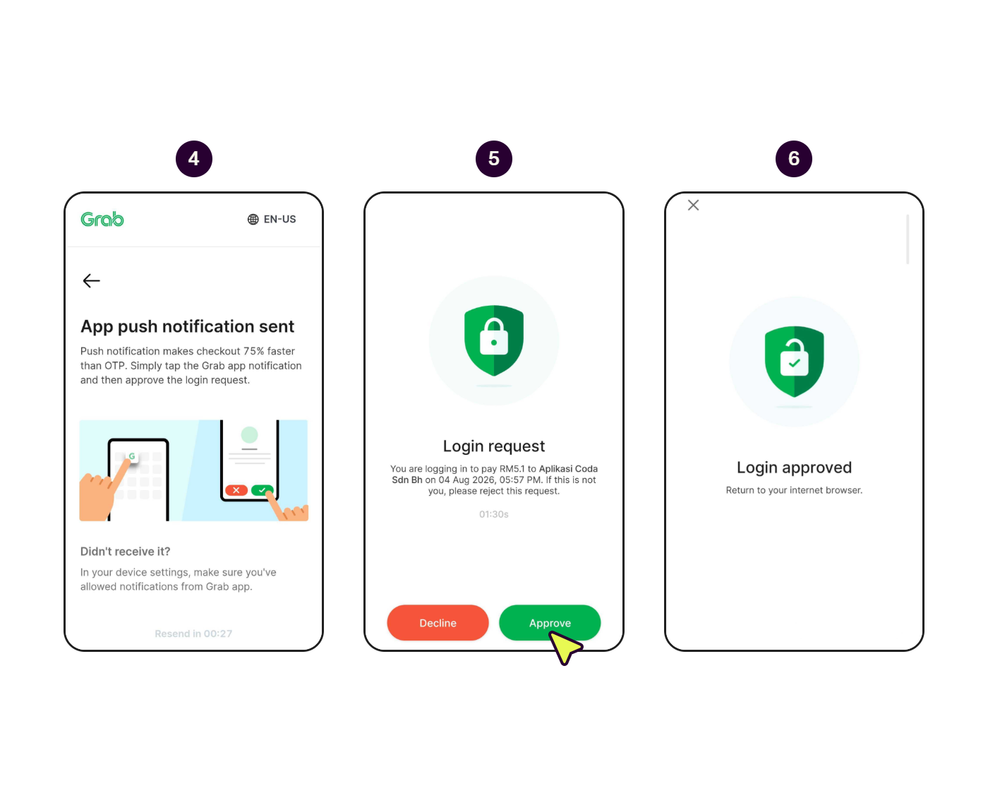 Skrin langkah demi langkah menunjukkan cara membayar dengan GrabPay (2/3)
