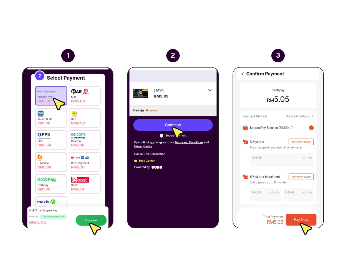 Step-by-step screens showing how to pay with ShopeePay on a smartphone.