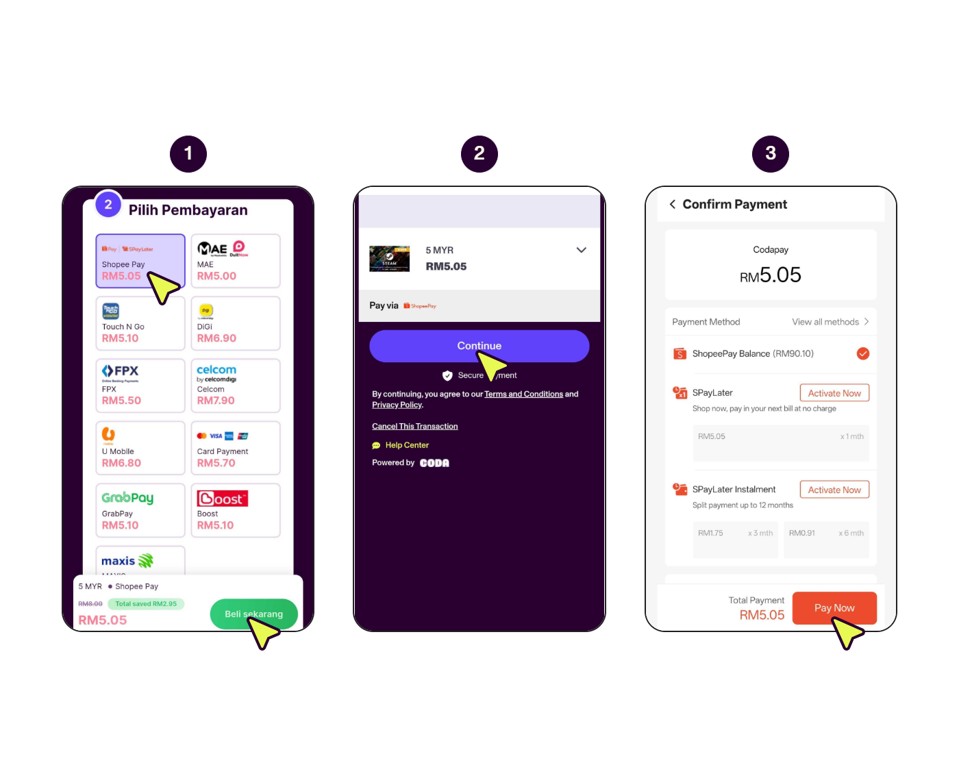  Skrin langkah demi langkah menunjukkan cara membayar dengan ShopeePay pada telefon pintar.