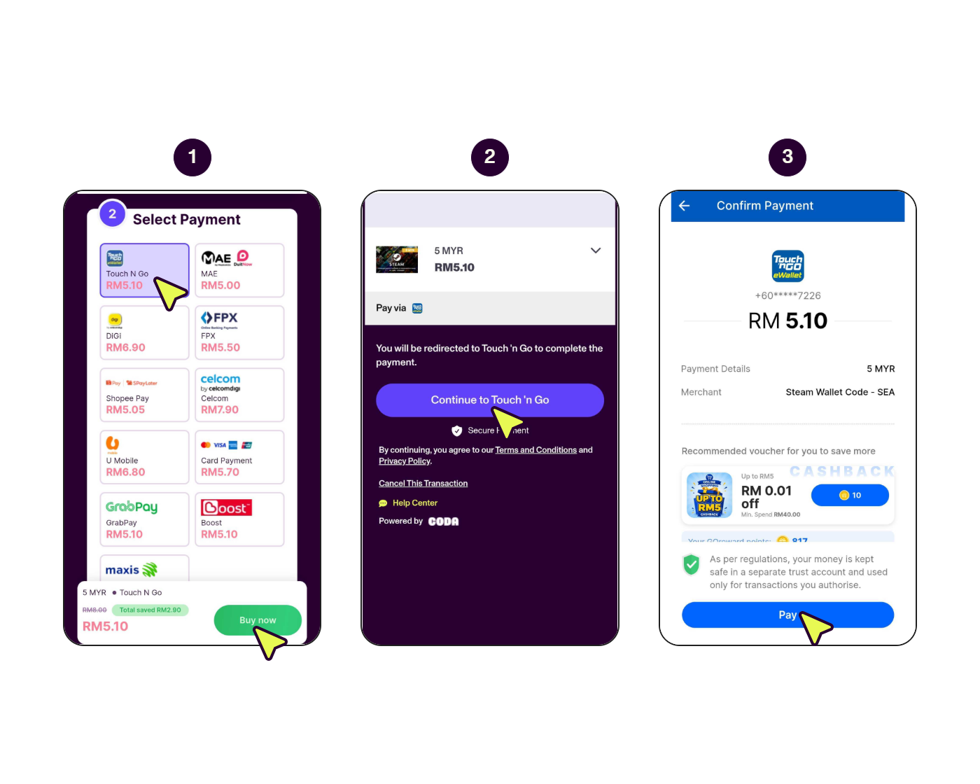 Step-by-step screens showing how to pay with Touch 'n Go e-Wallet on a smartphone.
