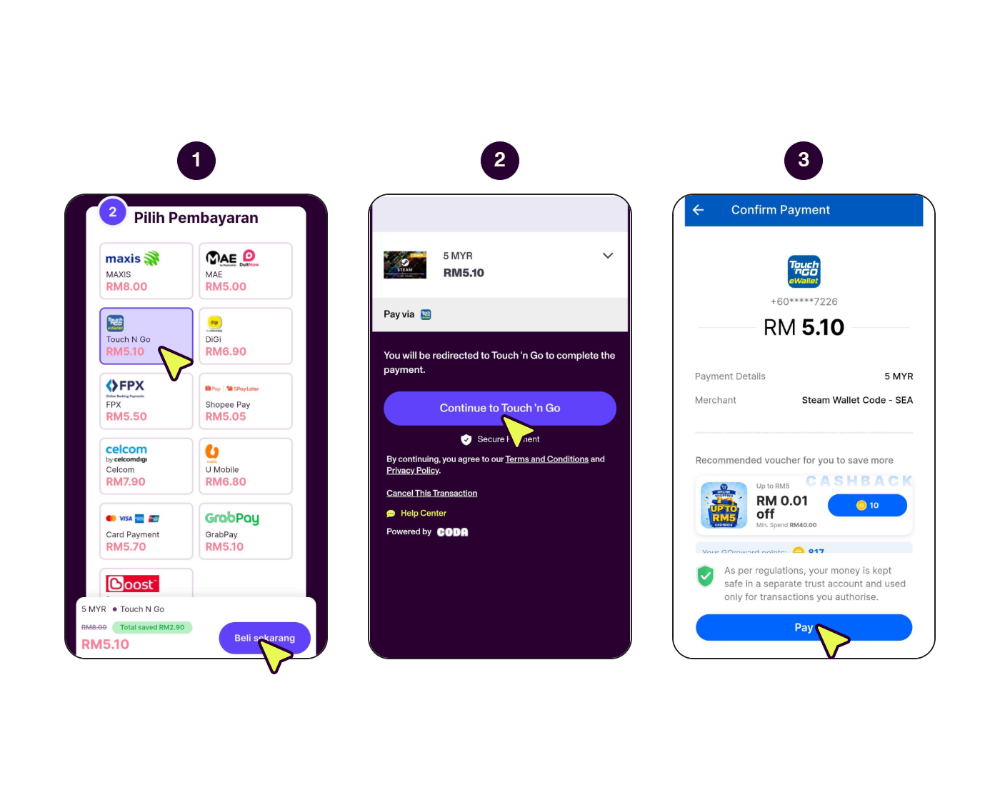 Skrin langkah demi langkah menunjukkan cara membayar dengan Touch 'n Go e-Wallet pada telefon pintar.