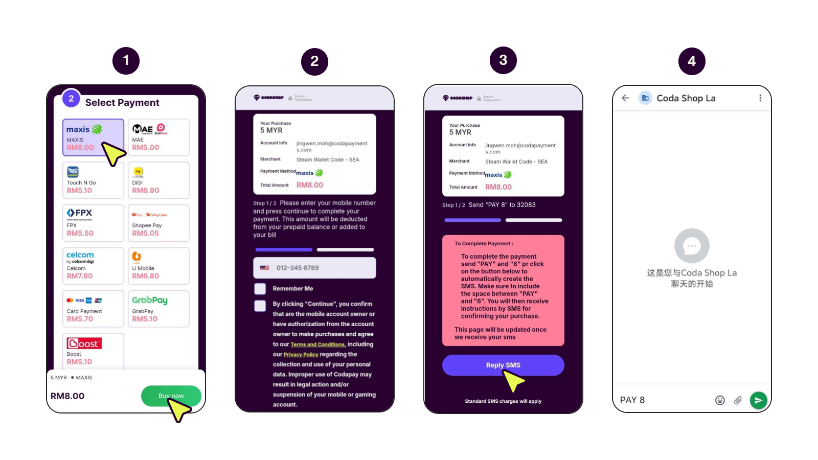 Step-by-step screens showing how to pay with Maxis.