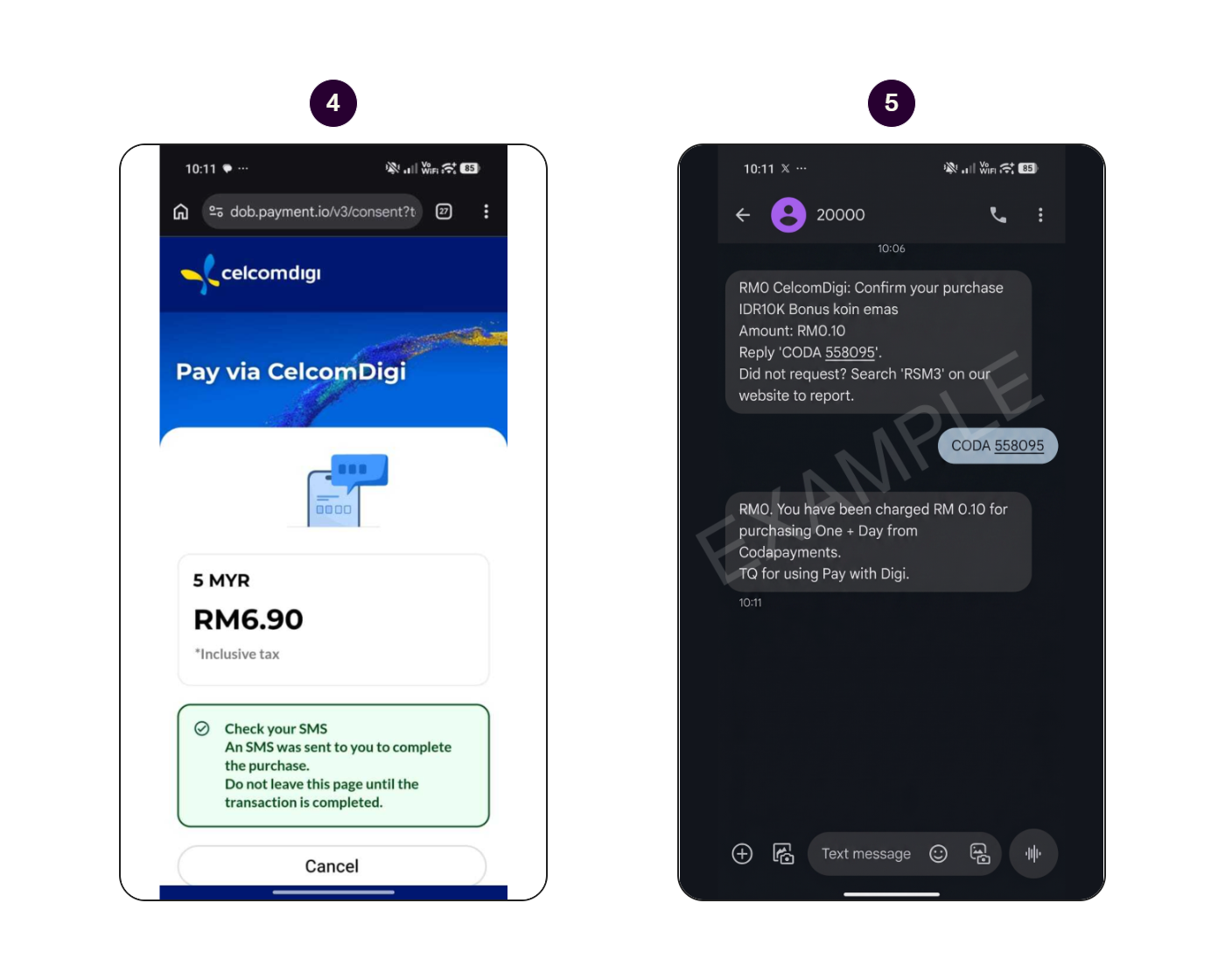 Step-by-step screens showing how to pay with Digi. (2/2)