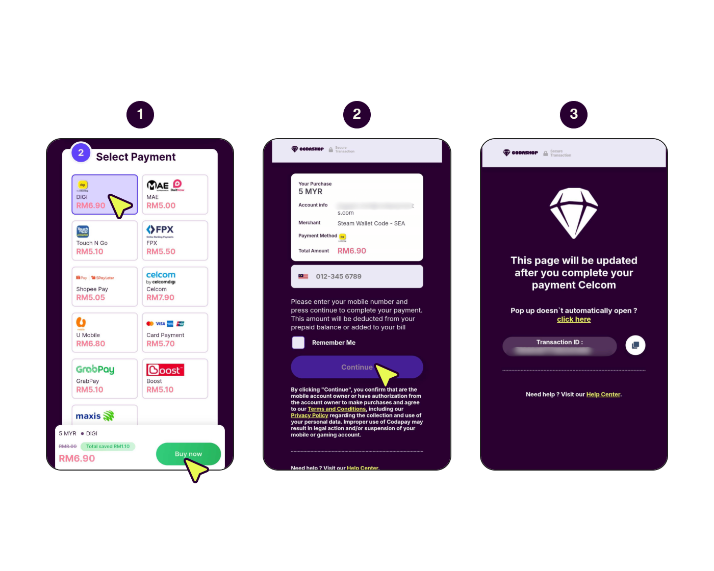 Step-by-step screens showing how to pay with Digi. (1/2)