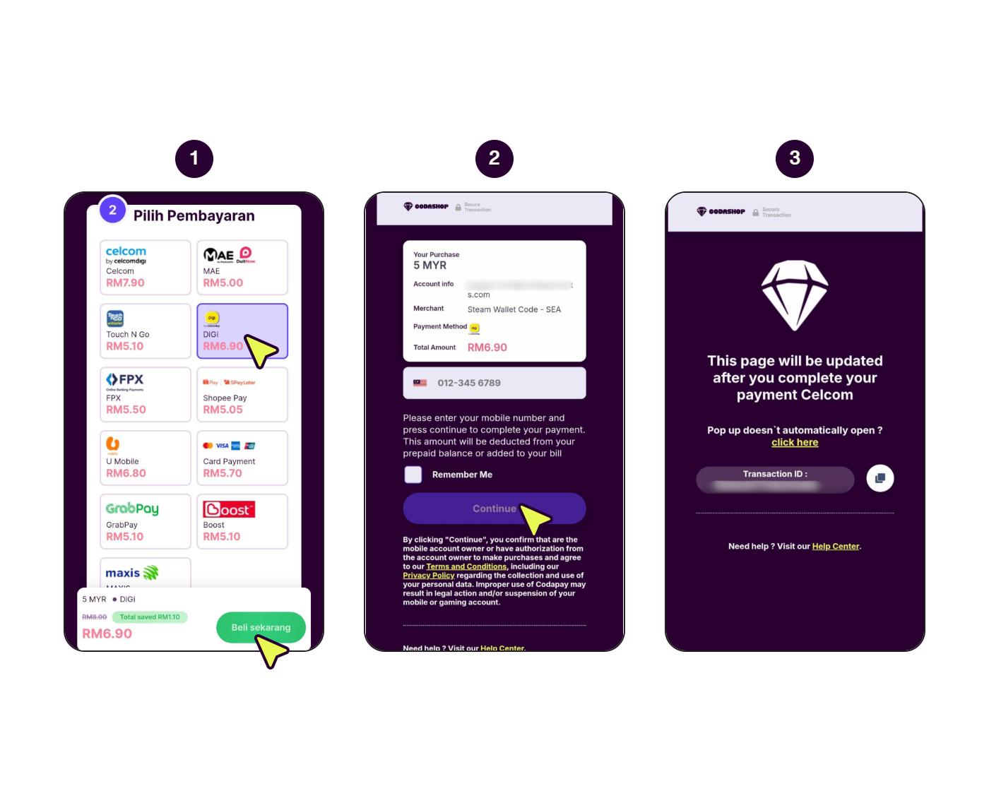 Skrin langkah demi langkah menunjukkan cara membayar dengan Digi. (1/2)
