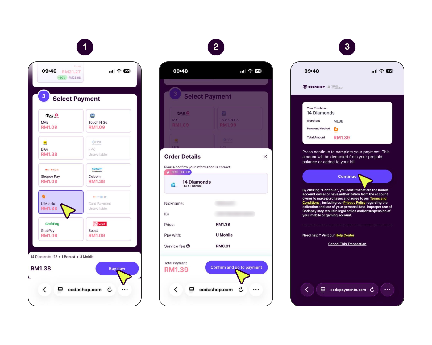 Step-by-step screens showing how to pay with U Mobile. (1/2)