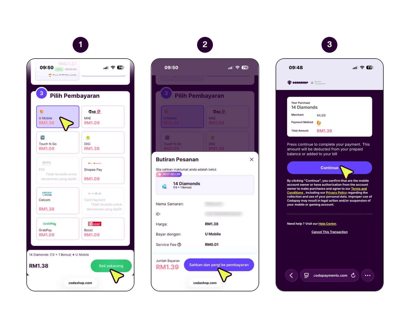 Skrin langkah demi langkah menunjukkan cara membayar dengan U Mobile. (1/2)