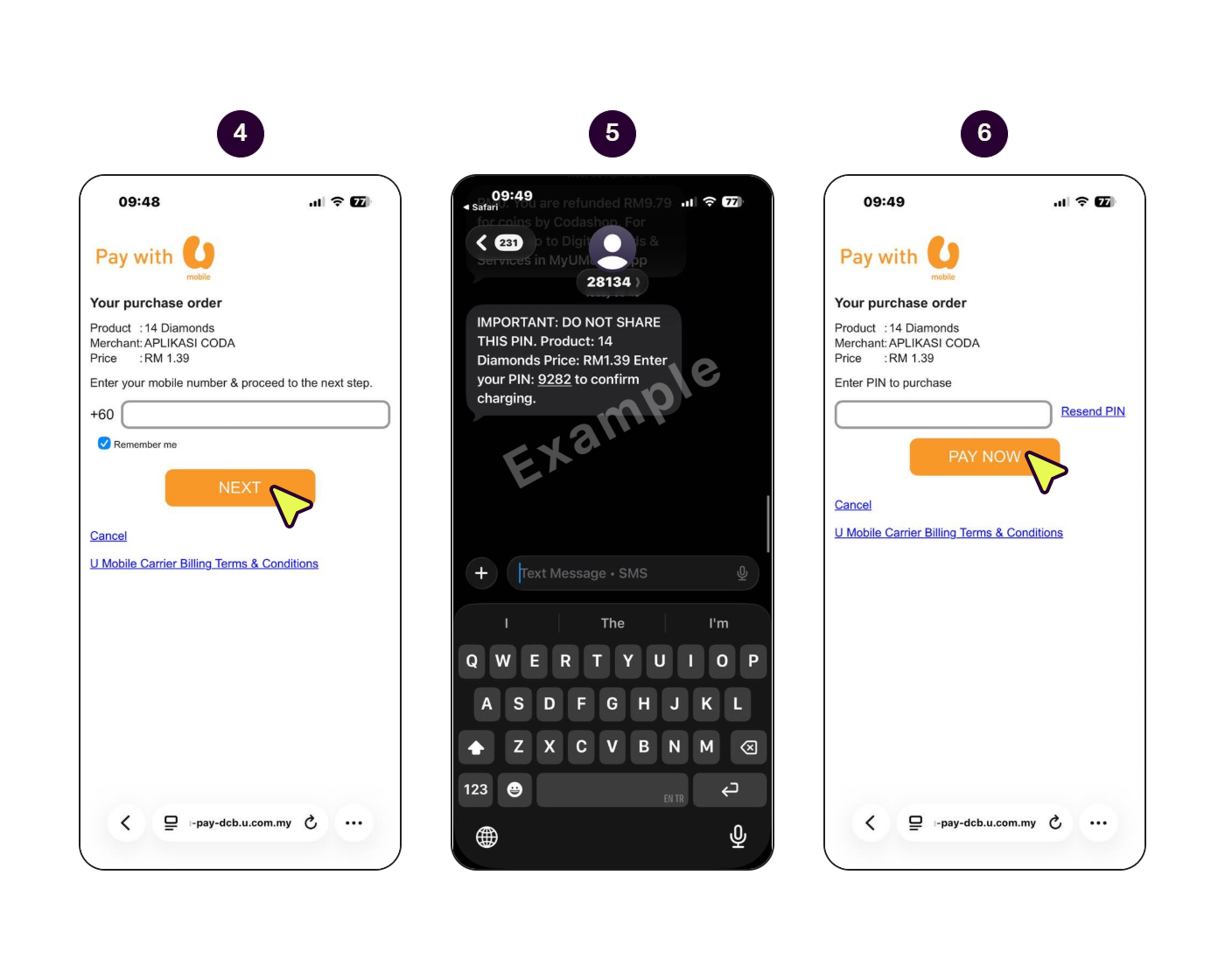 Step-by-step screens showing how to pay with U Mobile. (2/2)
