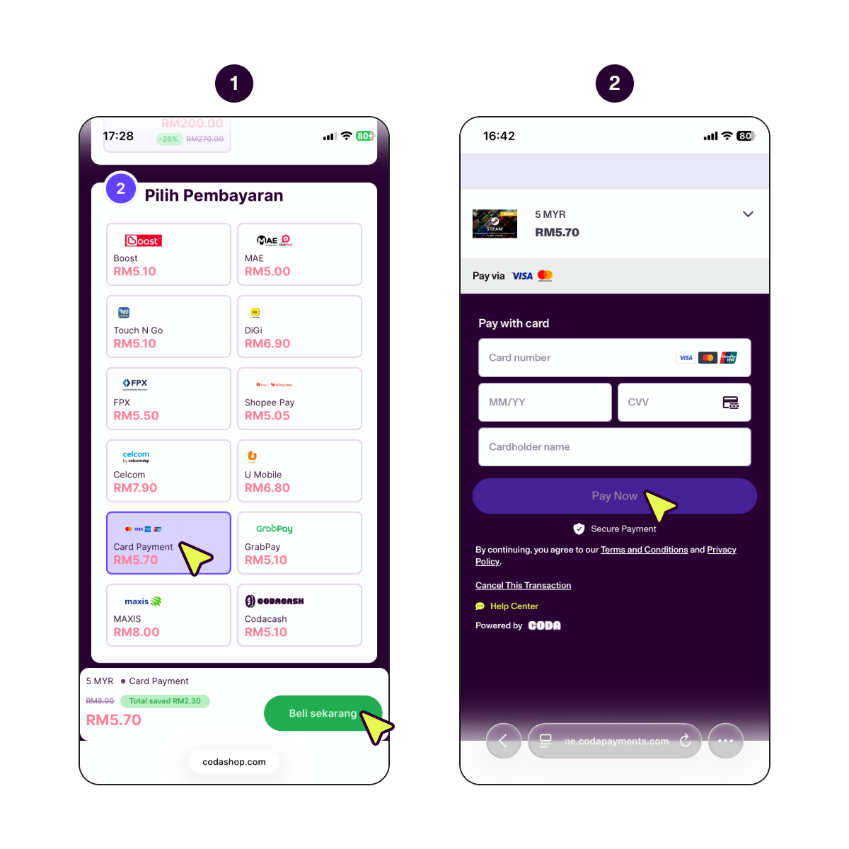 Skrin langkah demi langkah menunjukkan cara membayar dengan kad kredit atau debit.