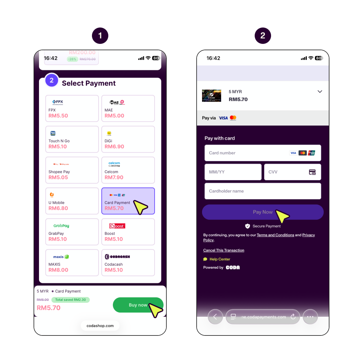 Step-by-step screens showing how to pay with a credit or debit card.