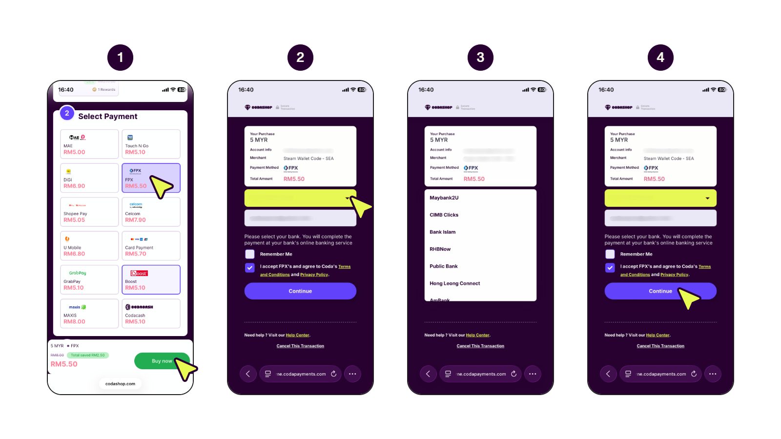 Step-by-step screens showing how to pay with online bank transfer (FPX).