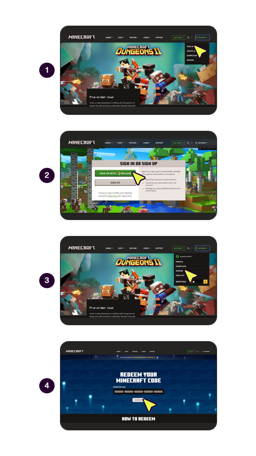 Step-by-step screens showing how to redeem a Minecraft voucher code.