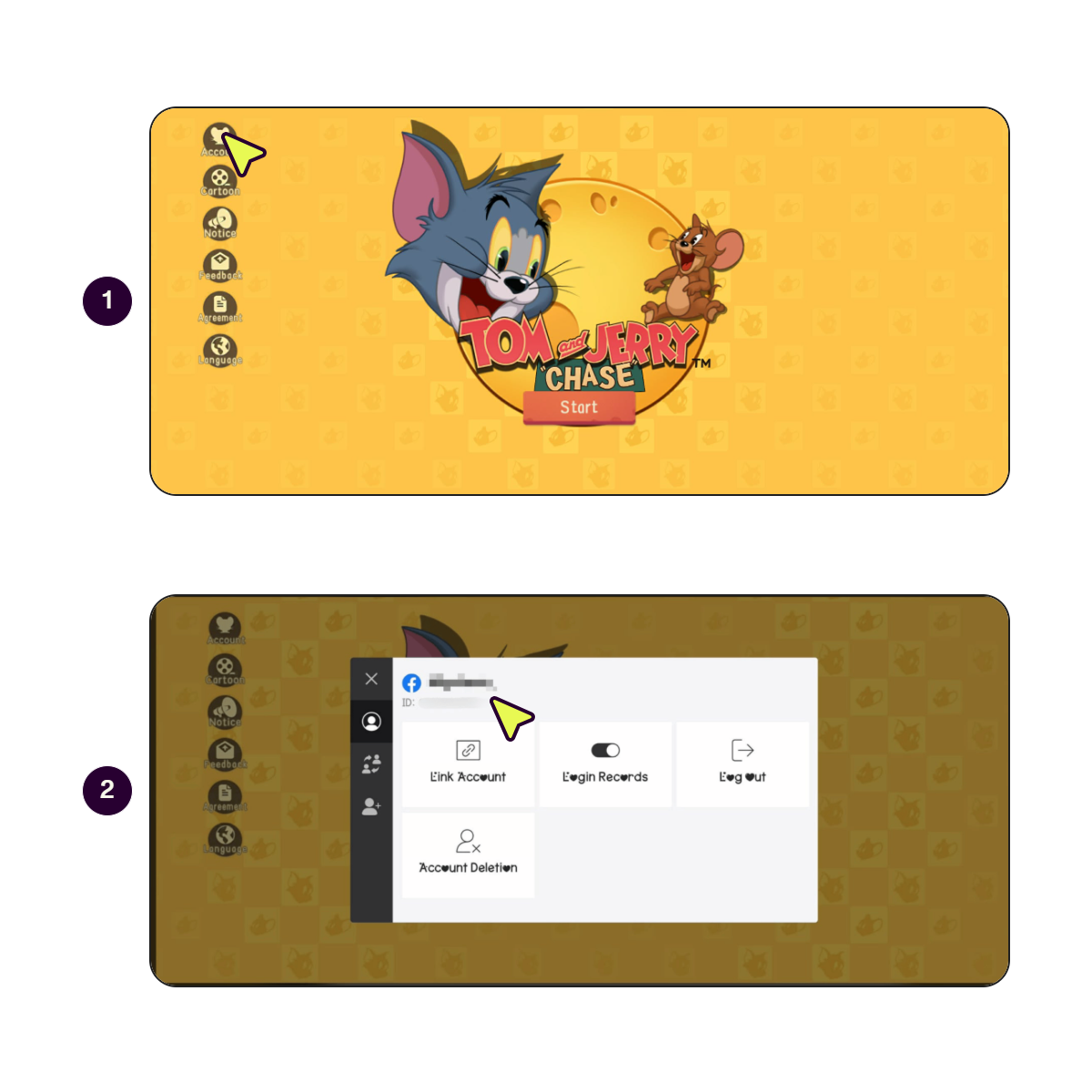 Step-by-step screens showing how to find Tom and Jerry: Chase UID.
