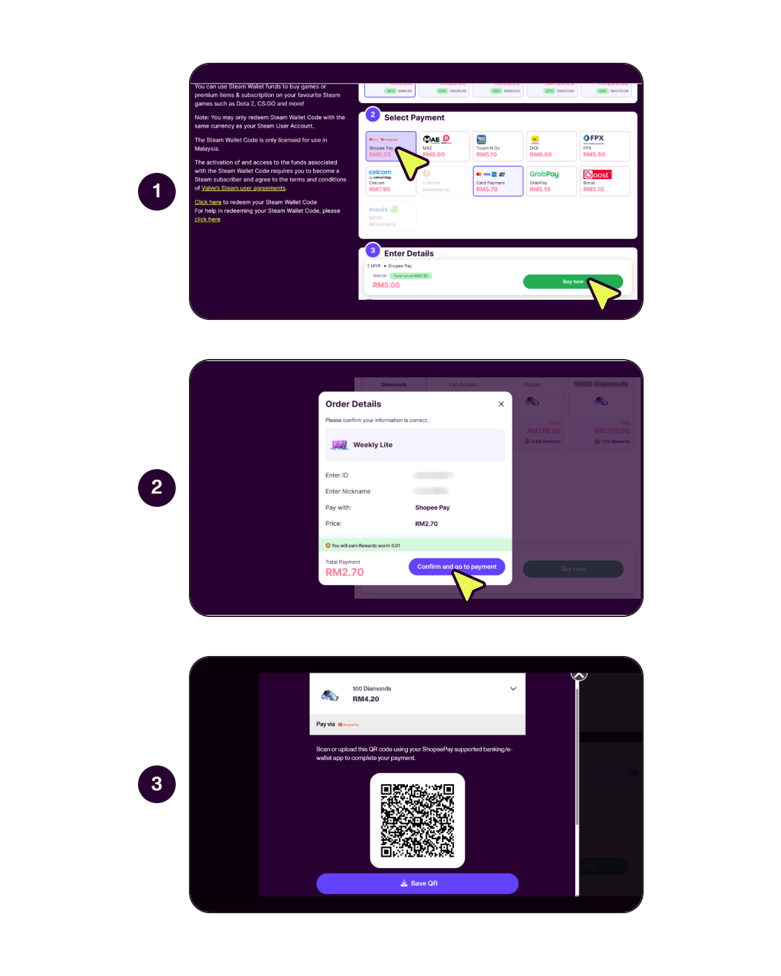 Step-by-step screens showing how to pay with ShopeePay on PC or laptop. (1/2)