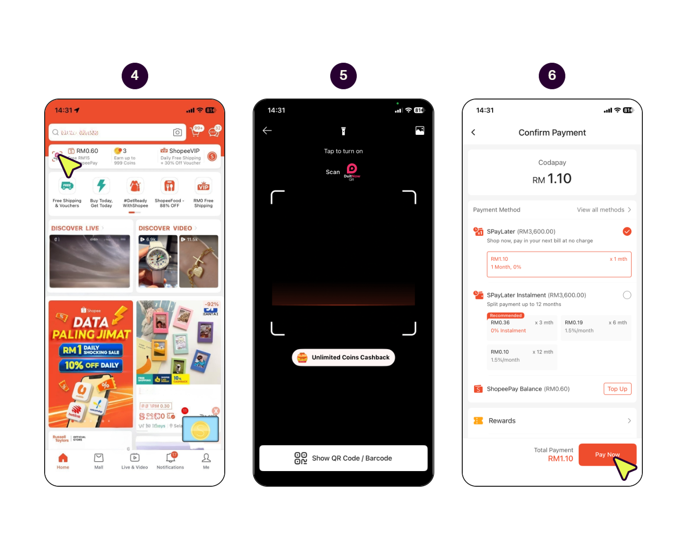 Step-by-step screens showing how to pay with ShopeePay on PC or laptop. (2/2)