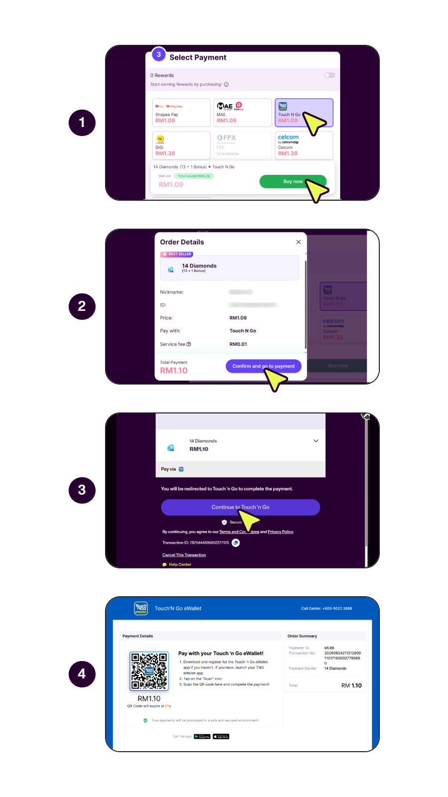 Step-by-step screens showing how to pay with Touch n' Go. (1/2)