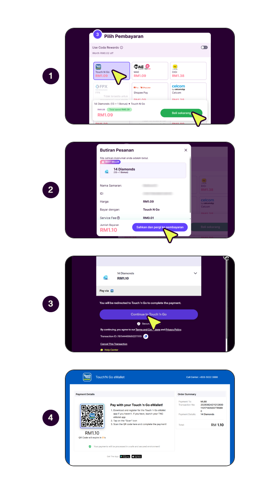 Skrin langkah demi langkah menunjukkan cara membayar dengan Touch 'n Go e-Wallet pada PC atau komputer. (1/2)