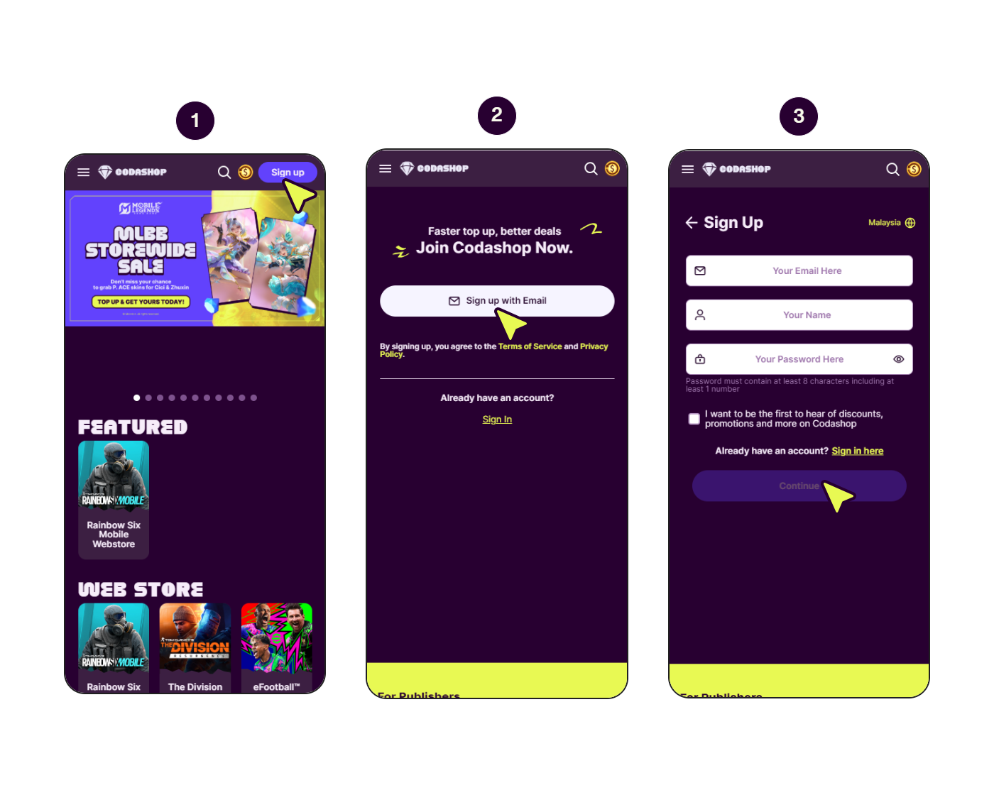 Step-by-step guide to creating a new Codashop account.