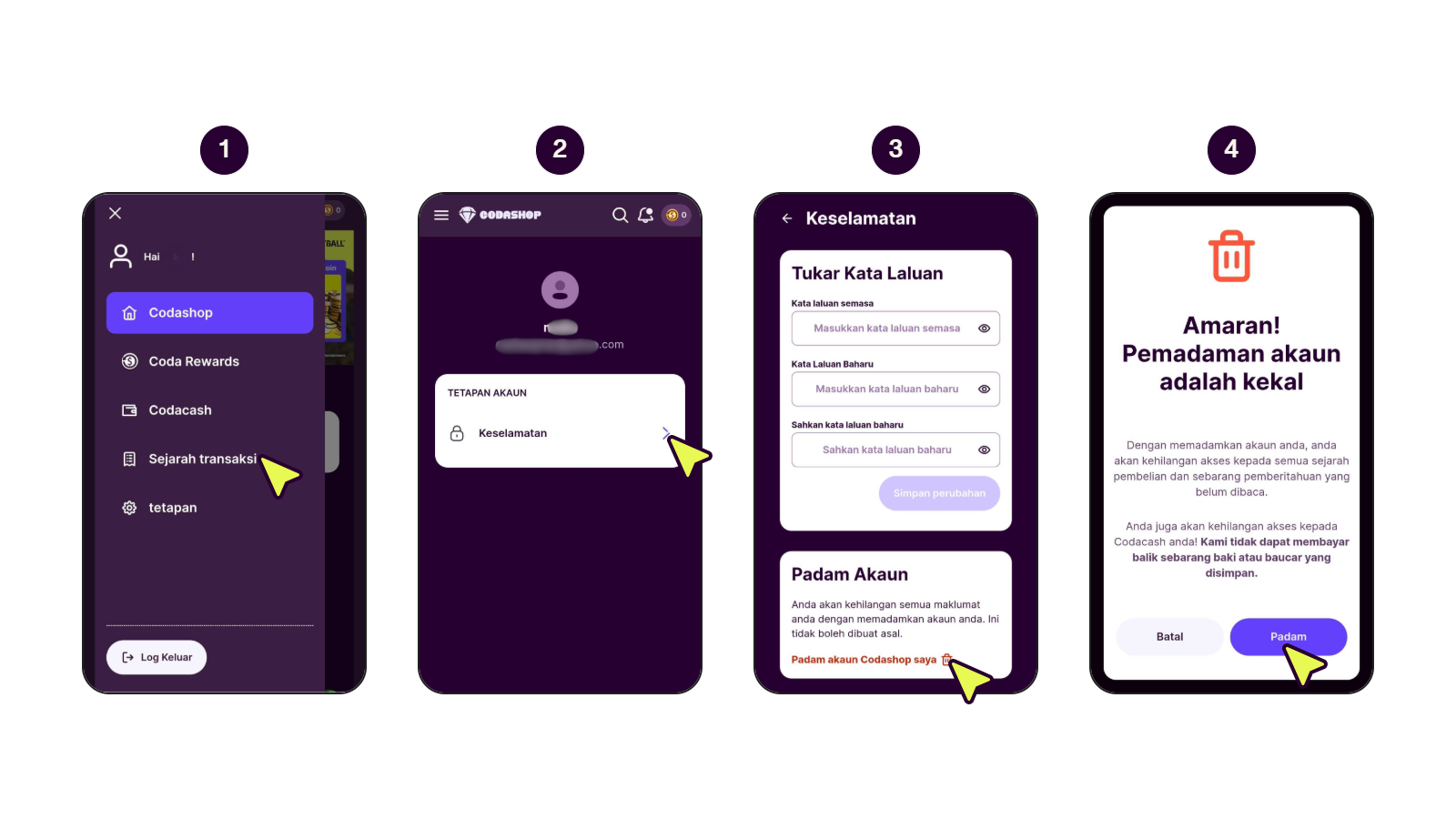 Skrin langkah demi langkah menunjukkan cara memadam akaun Codashop.