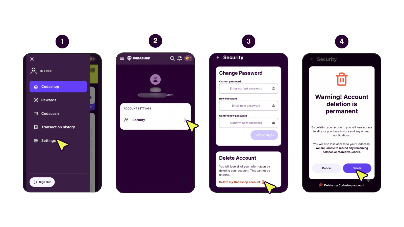 Step-by-step to delete Codashop account.