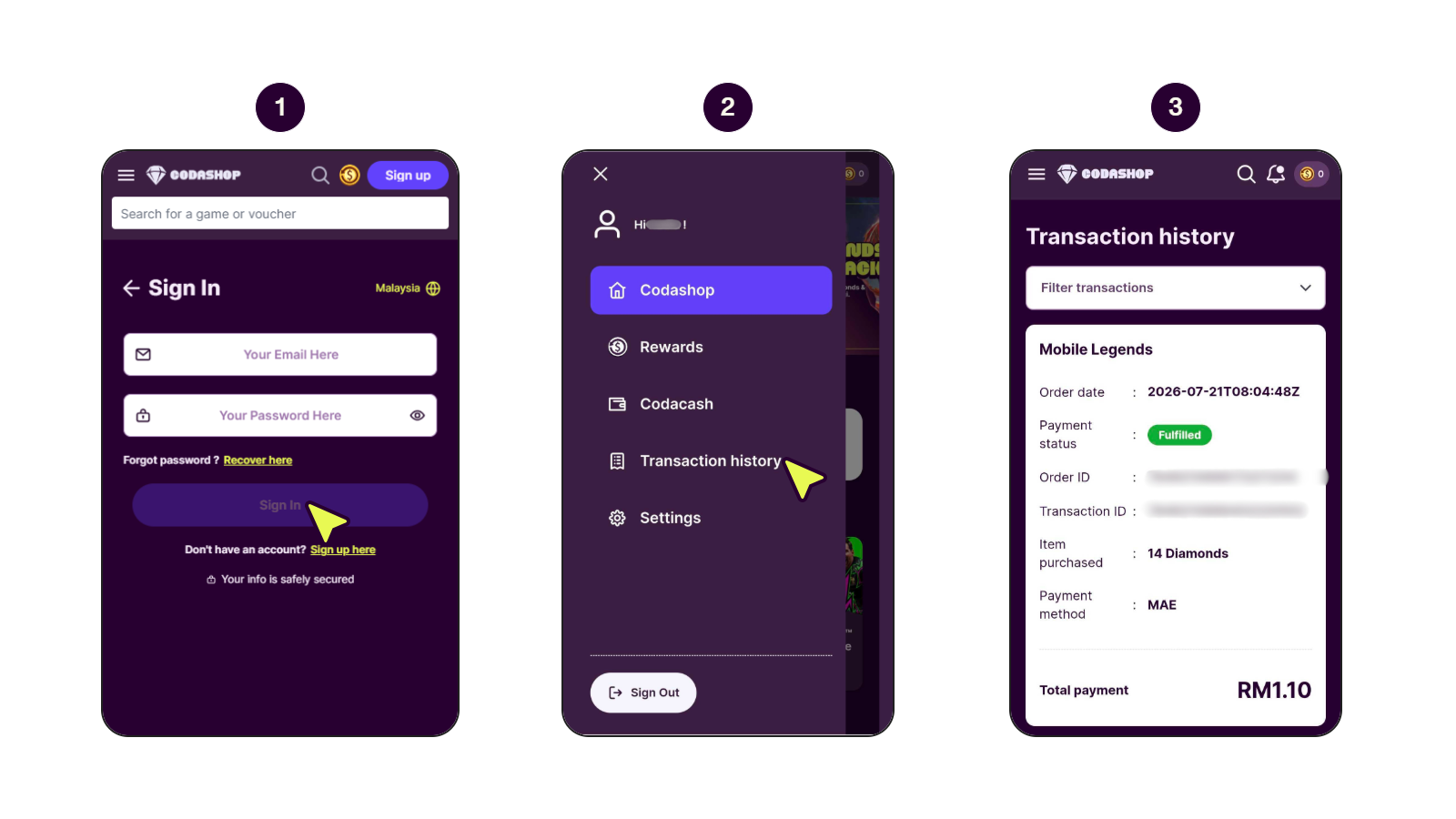 Step-by-step screens showing how to check transaction history.