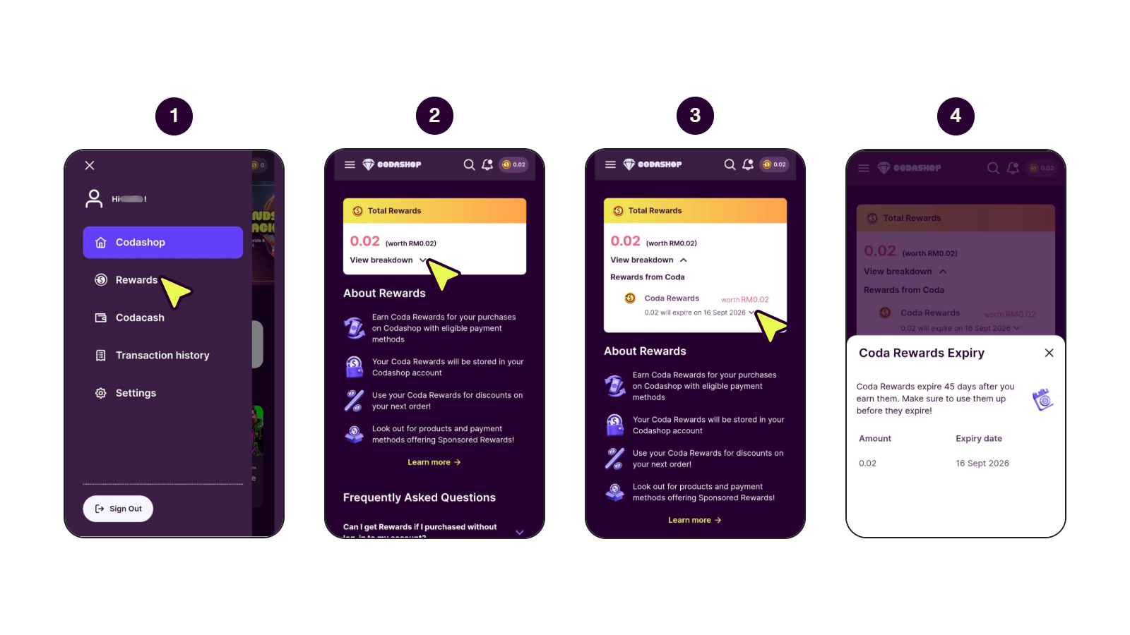 Steps to check the expiry date of Coda Rewards.