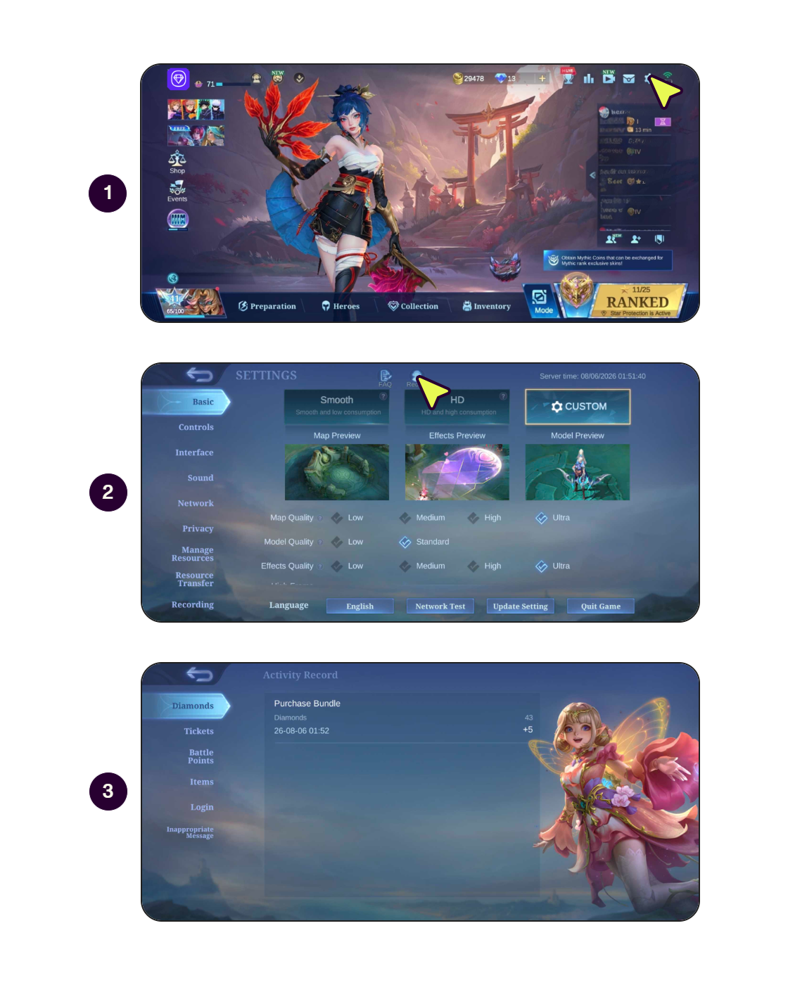 Step-by-step screens showing how to check diamond history in Mobile Legends.