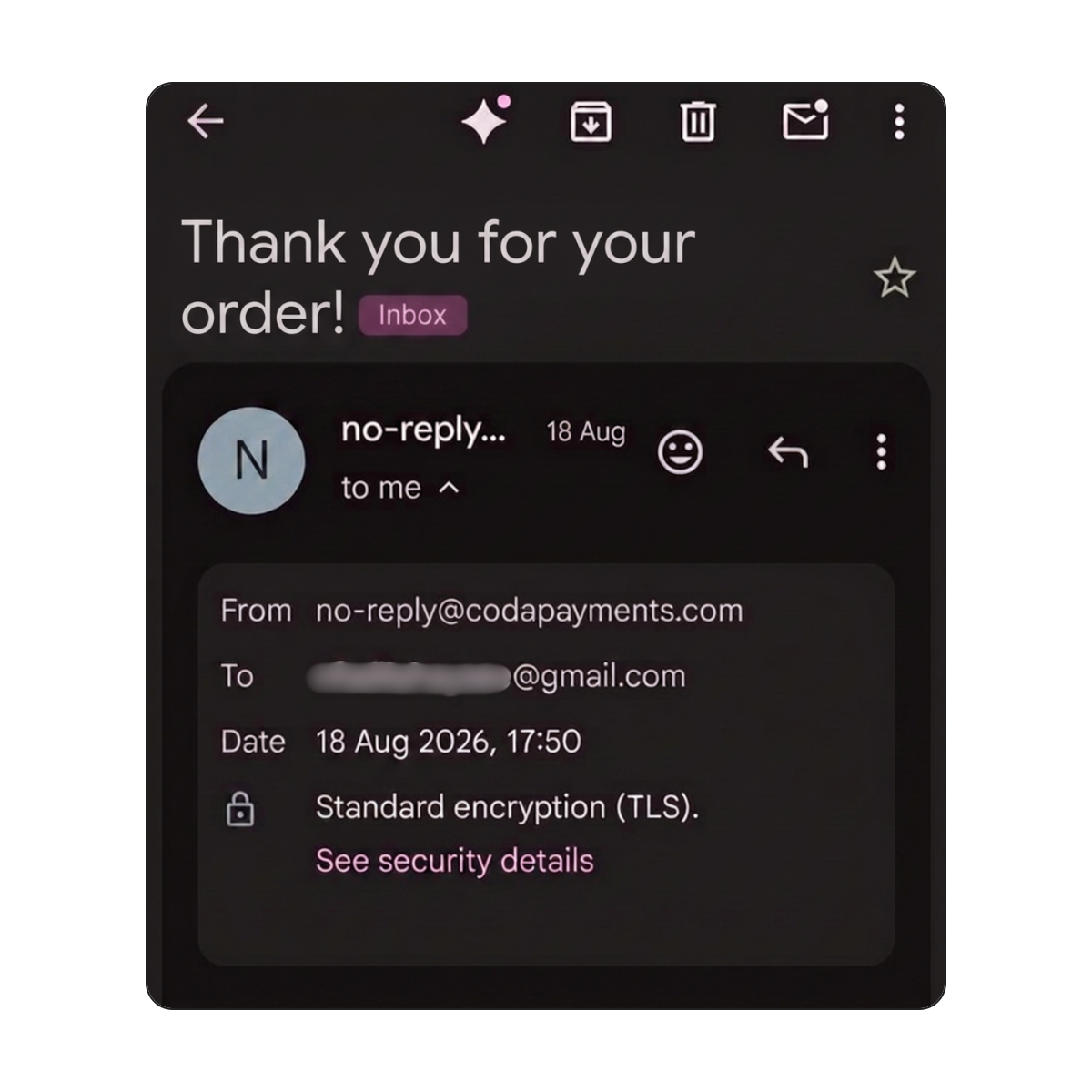 Example of the Codashop order confirmation email received after a voucher purchase.