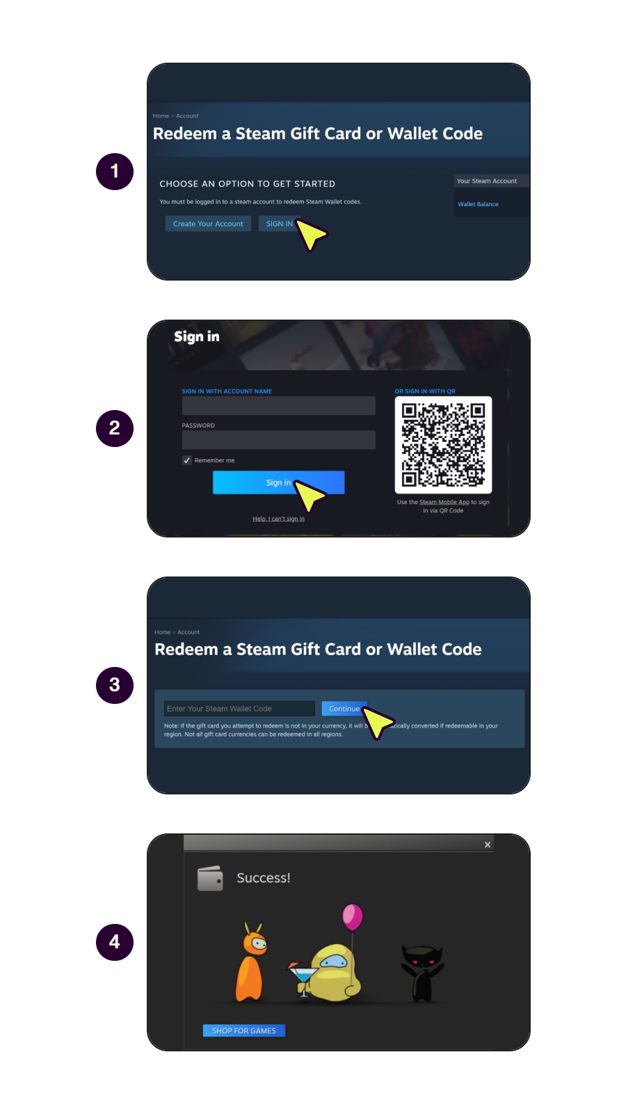 Skrin langkah demi langkah menunjukkan cara menebus Kod Wallet Steam.