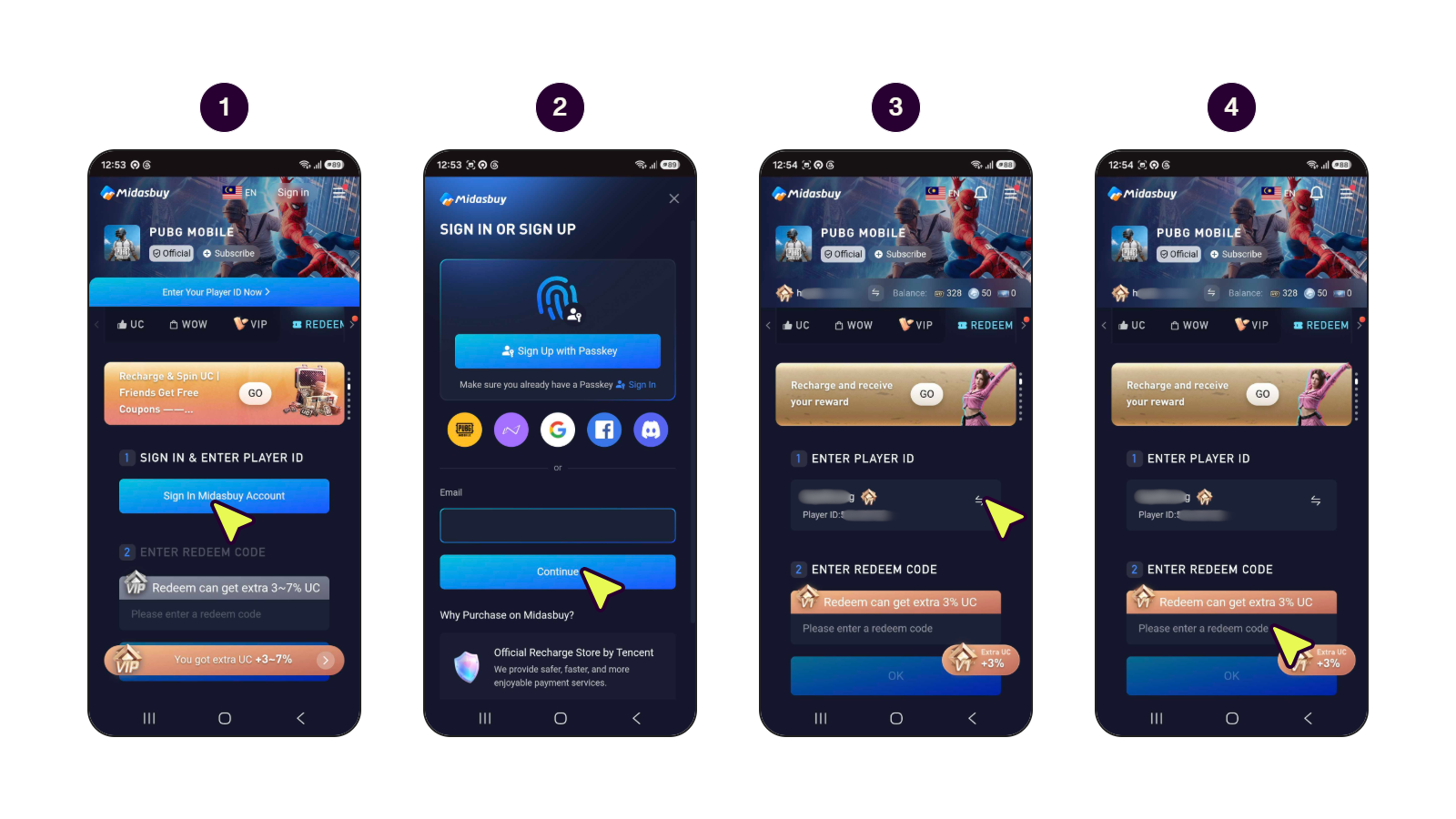 Tangkapan skrin 4 langkah di Midasbuy menunjukkan cara penebusan baucar untuk pembelian UC PUBG Mobile.