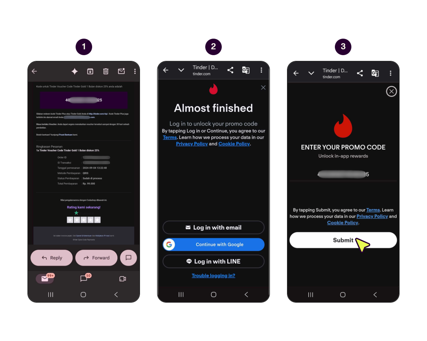Screens showing how to redeem a Tinder voucher.