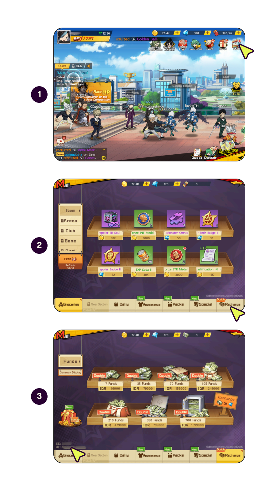 Step-by-step screens showing how to find ONE PUNCH MAN: The Strongest UID.