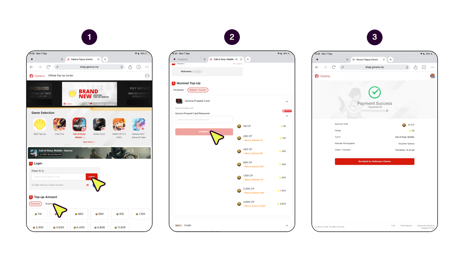 Step-by-step screens showing how to redeem Call of Duty: Mobile - Garena Shells on the Garena Redeem Site.