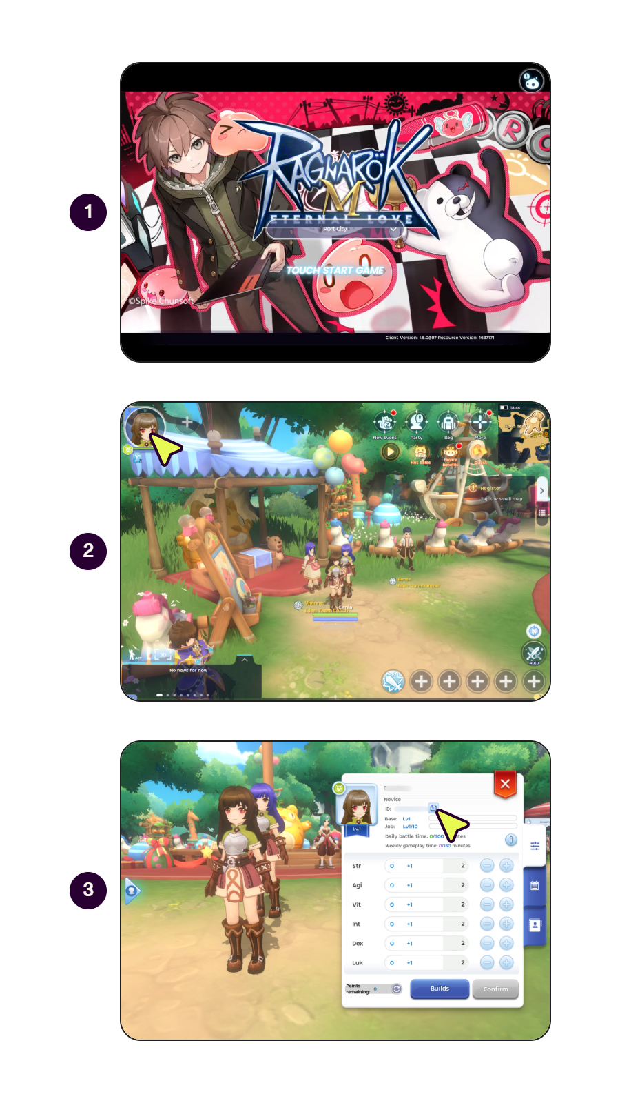 Step-by-step screens showing how to find Ragnarok M: Eternal Love UID.