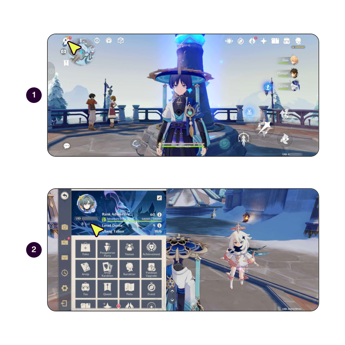 Step-by-step screens showing how to find Genshin Impact UID.