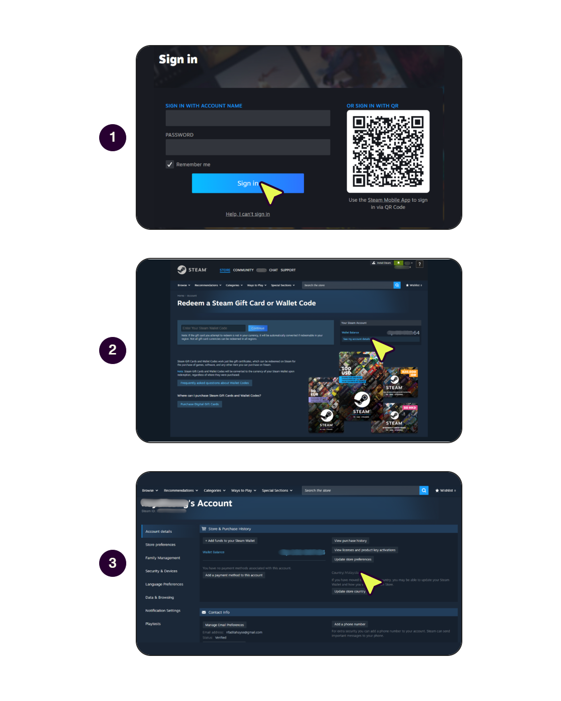Step-by-step screens showing how to check Steam account country.