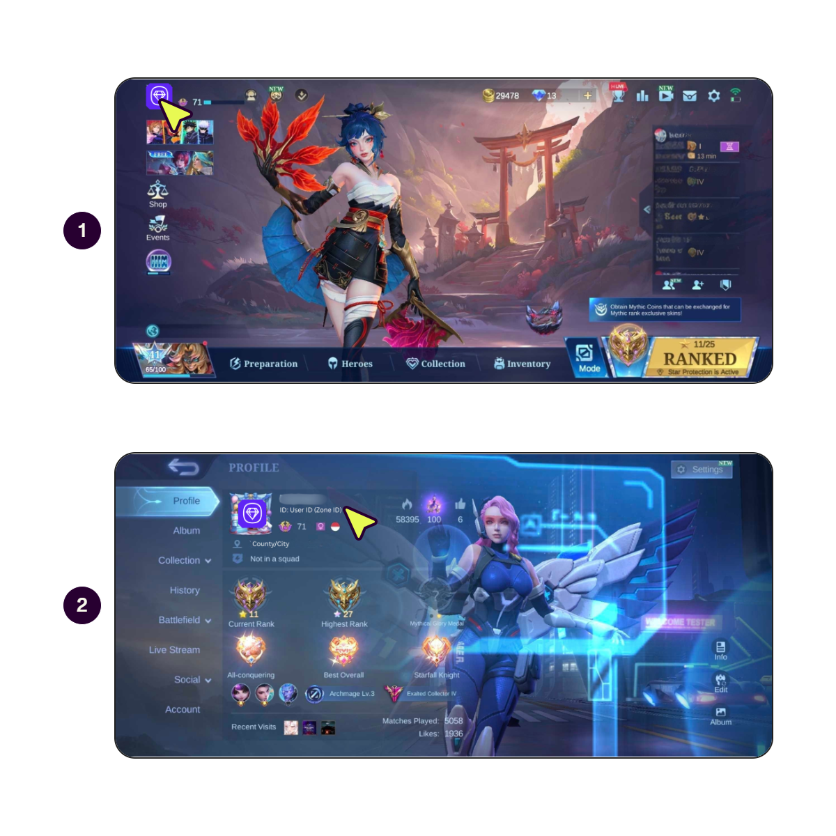Skrin langkah demi langkah menunjukkan cara mencari UID Mobile Legends.